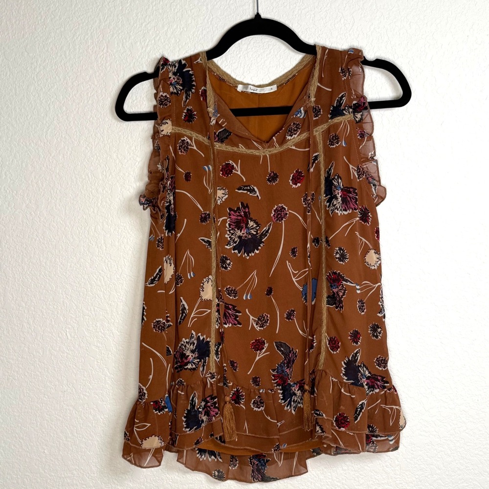 Hagel Floral Print Sleeveless Top Ruffle Trim Boho Chic Women's
